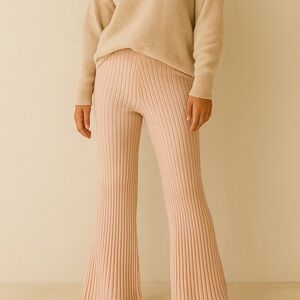 aerie Ribbed Sweater Knit Flare Lounge‎ Pants in Oatmeal Tan Size Medium Long
